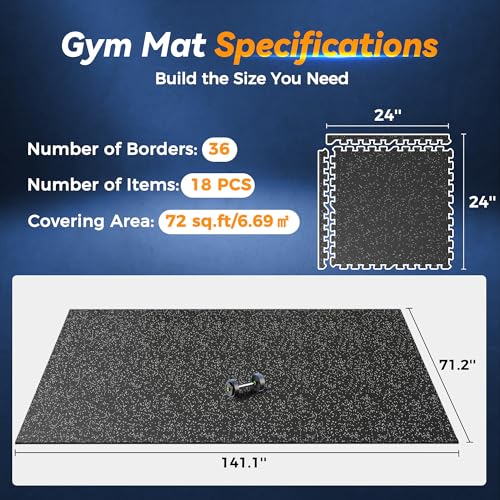 SUPERJARE 1" Extra-Thick Rubber Top Exercise Mat, Gym Flooring for Home Gym - size: 18 Tiles (72 Sq Ft)