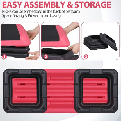 43'' Wide Adjustable Aerobic Step Platform - 4 Stackable Risers for Home Gym Cardio, Strength & Full-Body Training - color: Pink