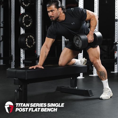 Titan Fitness TITAN Series Single Post Flat Bench, Rated 1,200 LB, 4" Thick HeftyGrip Vinyl Pad, Dedicated Home Gym Competition Weightlifting & Strength Training Utility Bench - color: Black