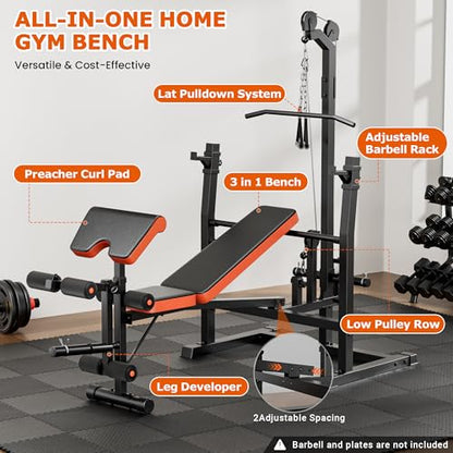 9-in-1 Adjustable Olympic Weight Bench with Lat Pulldown, Row, Squat Rack & Leg Curl – Multi-Function Strength Training Bench Press for Home Gym Full Body Workout