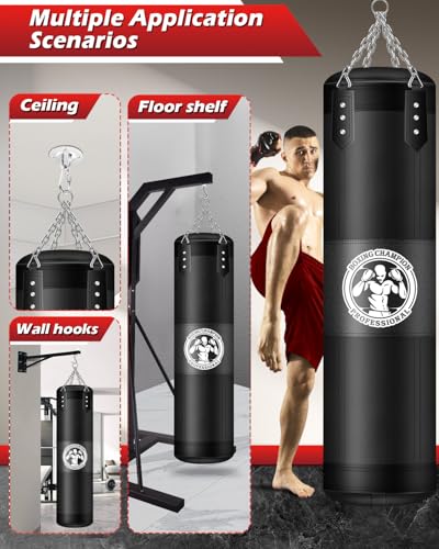 Punching Bag for Adults, 4FT PU Heavy Boxing Bags with Chain Ceiling Hook, Hanging Boxing Bag for Kickboxing Muay Thai Karate Judo Taekwondo Home Gym Training, Unfilled - style: Strong man