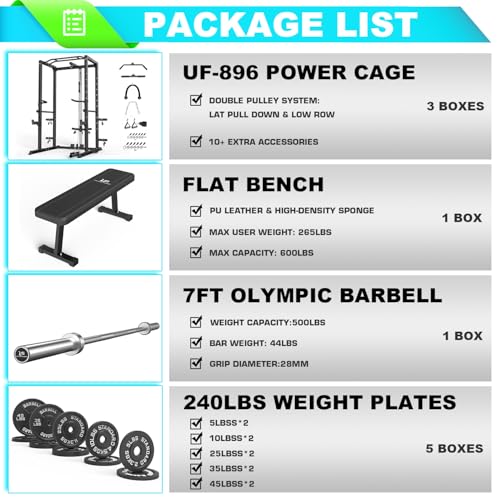 Power Cage, Multi-Functional Power Rack with J-Hooks, Dip Handles, Landmine Attachment and Optional Cable Pulley System for Home Gym - size: 240LB Weights Package black+Flat Bench