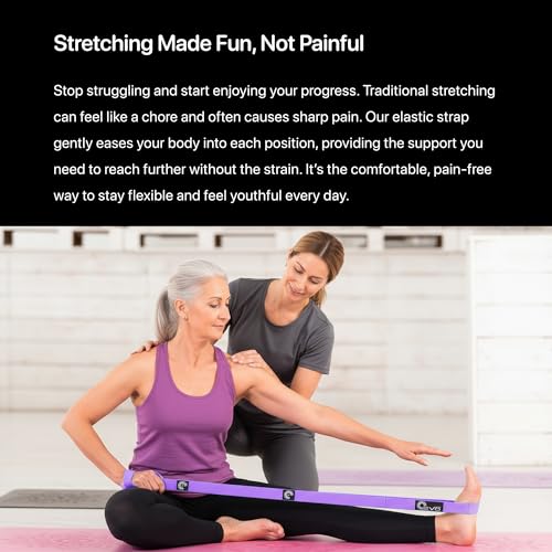 YOGA-EVO Elastic Stretching Strap with Loops for Physical Therapy - Stretch & Activate Muscles - Increase Mobility & Recovery - Soft Cotton & Spandex - Includes Carrying Pouch & Video Exercises - color: Purple