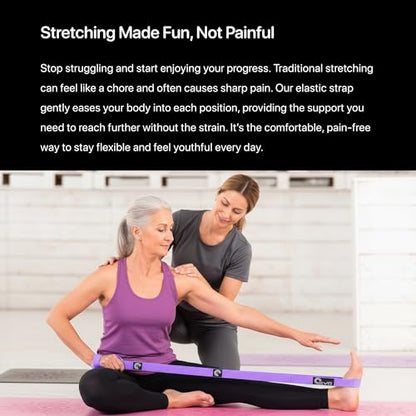 YOGA-EVO Elastic Stretching Strap with Loops for Physical Therapy - Stretch & Activate Muscles - Increase Mobility & Recovery - Soft Cotton & Spandex - Includes Carrying Pouch & Video Exercises - color: Purple