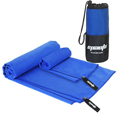 EPAuto 2-Pack Microfiber Quick Dry Towel Set - Lightweight, Super Absorbent & Compact Travel Towels (60"x30" & 24"x15") for Gym, Camping, Beach, Yoga & Backpacking, Blue