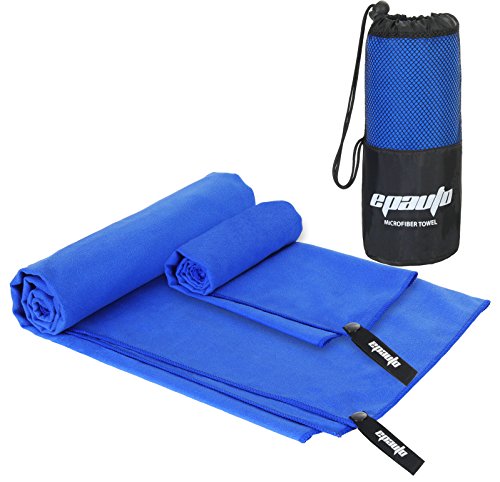EPAuto 2-Pack Microfiber Quick Dry Towel Set - Lightweight, Super Absorbent & Compact Travel Towels (60"x30" & 24"x15") for Gym, Camping, Beach, Yoga & Backpacking, Blue