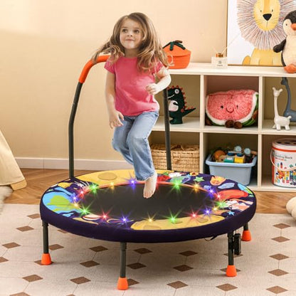 Goplus Foldable Toddler Trampoline for Kids, 36'' Recreational Mini Trampoline w/20 LED Lights, Foam Handle, Padded Safety Cover, Indoor Outdoor Exercise Rebounder for Boys Girls Aged 3-6 - style: Purple-Outer Space