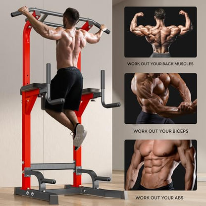 SogesPower Power Tower Pull Up Bar Station Multi-Function Pull Up Bar Stand for Home Gym, Adjustable Height Pull Up Dip Station Dip Bar Strength Training Fitness Equipment,Up to 500LBS - color: Red