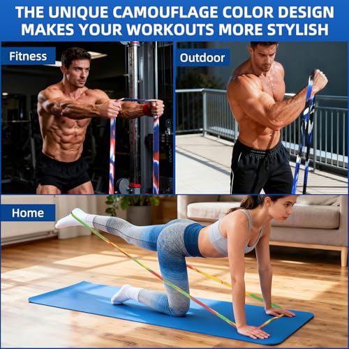 Resistance Band Set, 81.9 Inch Circumference Pull Up Assist Bands with Storage Bag, Camouflage Workout Bands for Powerlifting, Stretching, WOD & Strength Training, Unisex Fitness