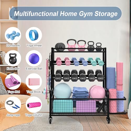 4-Tier Dumbbell Rack & Home Gym Storage, Heavy-Duty Weight Rack Stand with Lockable Wheels, 350LBS Capacity Workout Equipment Organizer for Kettlebells, Yoga Mats and Balls, Black