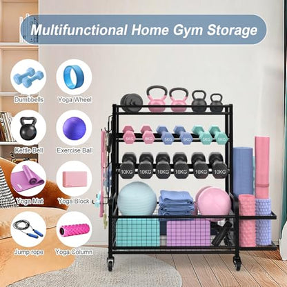 4-Tier Dumbbell Rack & Home Gym Storage, Heavy-Duty Weight Rack Stand with Lockable Wheels, 350LBS Capacity Workout Equipment Organizer for Kettlebells, Yoga Mats and Balls, Black