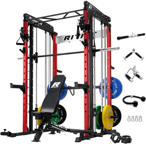 RitFit M1 Pro Smith Machine with Cable Crossover System, Multi-Function Squat Rack Power Cage for Home Gym, Power Rack and Packages - color: RED, size: M1 (With CP260)