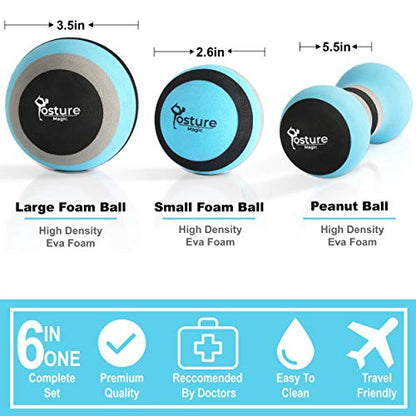 Massage Ball Set for Myofascial Trigger Point Release & Deep Tissue Massage - Set of 6 - Large Foam/Small Foam/Lacrosse/Peanut/Spiky/Hand Exercise Ball (Blue)