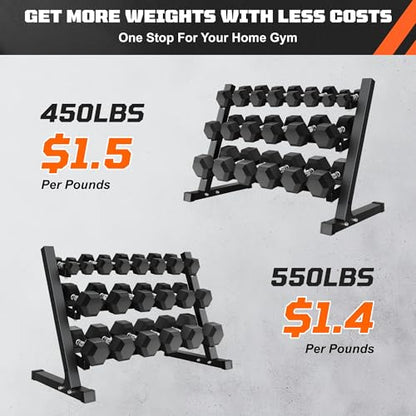 Dumbbell Sets with Rack, Rubber Hex Dumbbells, 160/220/280/360/450/550LBS, Hand Weights with Chrome Handle for Strength Training