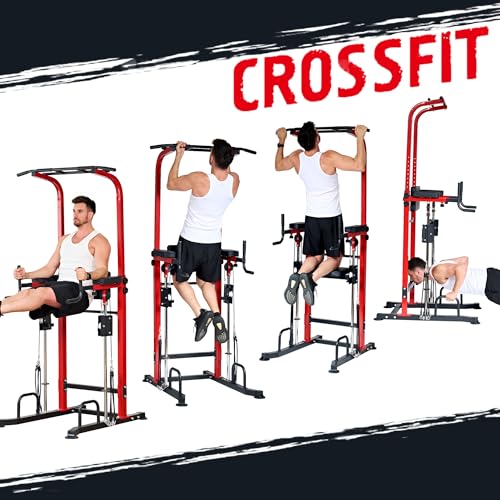 soges Power Tower Pull Up Bar Station, Height Adjustable Multi-Function Dip Station with Assisted Pad for Home Gym, 330Lbs Capacity Full Body Strength Training Workout Equipment for Beginners & Pros - color: Red