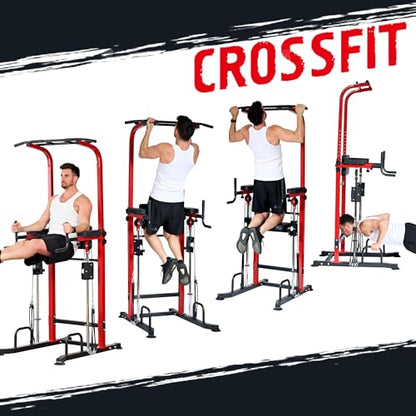 soges Power Tower Pull Up Bar Station, Height Adjustable Multi-Function Dip Station with Assisted Pad for Home Gym, 330Lbs Capacity Full Body Strength Training Workout Equipment for Beginners & Pros - color: Red