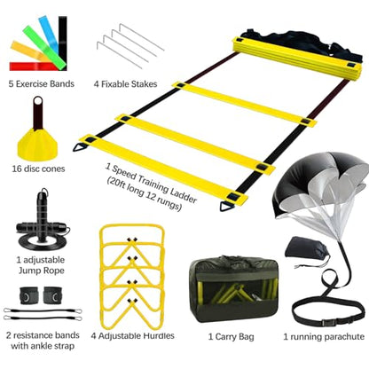 Agility Training Equipment, Football Training Equipment Includes 20FT Agility Ladder,4 Adjustable Agility Hurdles, 12 Football Cones, Parachute, for Training Soccer Basketball Athletes - color: YELLOW