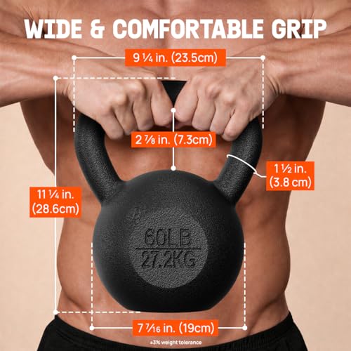 Yes4All Cast Iron Kettlebell, Strength Training Kettlebells 5-80 Lb (5,10,15,20,25,30,35,40,45,50,60,70,80 Lb) for Full Body Workout, Push up, Strength Training - Single & Kettlebell Set of 2 for Men - color: K. Black 60lbs, style: B. Cast Iron