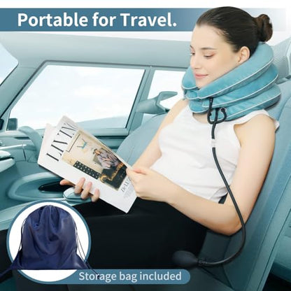 S Cervical Neck Traction Device for Neck Pain Relief - Inflatable Neck Stretcher Traction Collar for Neck Decompression - Best Home Use Neck Brace Pump (Blue Plush) - color: P. Blue