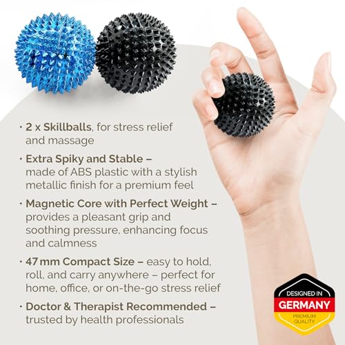 2X Spiky DBT Skill Balls | 2inch | Magnetic Stress Relief Balls | Spiky Massage Balls for Relaxation, Tension Release, Focus & Mobility (Black/Blue) - color: Black/Blue