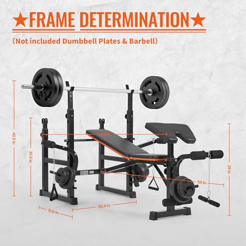 Weight Bench with Squat Rack, Adjustable Workout Bench with Preacher Curl Pad, Leg Extension & Curl, Safety Bar Catches, 600 lbs Capacity All-in-One Strength Training Bench for Home Gym