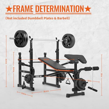 Weight Bench with Squat Rack, Adjustable Workout Bench with Preacher Curl Pad, Leg Extension & Curl, Safety Bar Catches, 600 lbs Capacity All-in-One Strength Training Bench for Home Gym