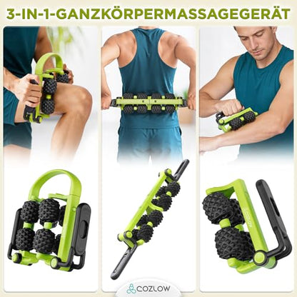 3 in 1 Lymphatic Drainage Massage Tool - Back Massager - Cellulite Roller - Arm + Leg Muscle Trigger Point Myofascial Release - color: Green/Black