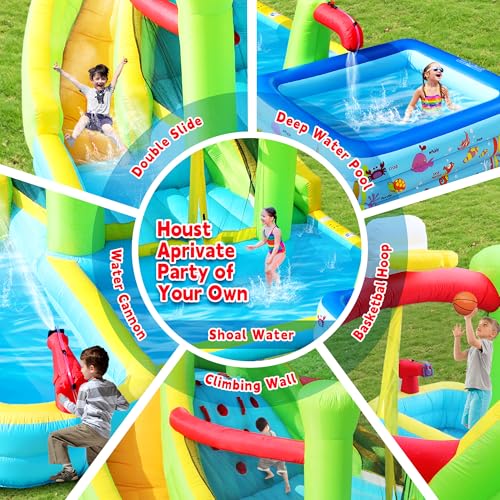 WELLFUNTIME Inflatable Water Double Slides Park with Blower, Bouncy Castle with Rock Climbing, Jumping Area for Basketball