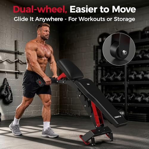 FLYBIRD WB7 Weight Bench, Commercial Grade Adjustable Weight Bench - 1300LBS Workout Bench for Home Gym, Flat Incline Bench Press Heavy Duty Bench with 34'' Extra-Long Backrest and Easy-Roll Wheels