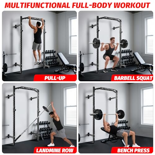 1600LB Wall Mounted Power Rack, Commercial Squat Rack for Home Gym with Multi-Grip Pull Up Bar, j-Cups & Landmine Attachment for Home and Garage Gym