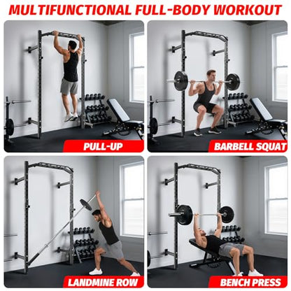 1600LB Wall Mounted Power Rack, Commercial Squat Rack for Home Gym with Multi-Grip Pull Up Bar, j-Cups & Landmine Attachment for Home and Garage Gym