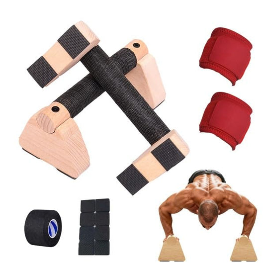 Wooden Parallettes Bars & Wrist Wraps 2-in-1 Set - Calisthenics Push Up Handles with Non-Slip Base, Handstand Bars for Men & Women Strength Training at Home Gym - size: 7.8IN/20CM