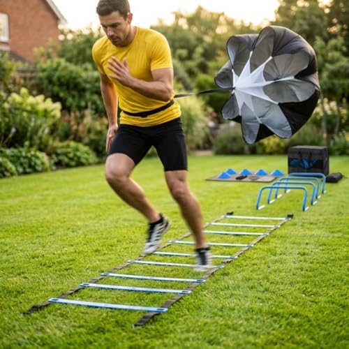 Agility Ladder Training Set - Blue Speed & Footwork Training Equipment with Resistance Parachute, Hurdles, Cones, Jump Rope and Carrying Bag for Sports, Fitness and Soccer Training