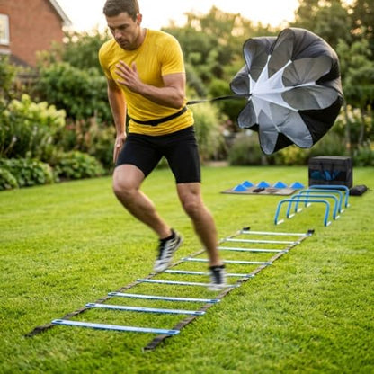 Agility Ladder Training Set - Blue Speed & Footwork Training Equipment with Resistance Parachute, Hurdles, Cones, Jump Rope and Carrying Bag for Sports, Fitness and Soccer Training