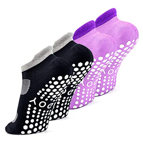 Busy Socks 2 Pack Women Ankle Non Slip Yoga Pilates Grip Socks with Cushion - color: 2 Pairs Black/Purple