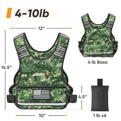 Adjustable Weighted Vest, 4-10lb/12-18lb/20-32lb Vest with 6 Ironsand Weights and Large Pocket, Weight Vest for Men Women Strength Training, Running, Walking - color: Green Digi Camo, size: 4-10lbs