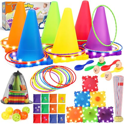 Eocolz 49PCS Carnival Games Outdoor Combo Set for Kids with LED Light, Plastic Cones Obstacle Course Bean Bags Balls Ring Toss Game Egg and Spoon Race Lawn Game, Gift for Birthday Party/Xmas/Easter - color: blue