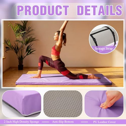 Lyrow 2 Inch 72"x24" Thick Foldable Yoga Mat with Carry Strap, Non-slip Portable Foam Gym Mat for Yoga, Pilates and Stretching - color: Lavender Purple