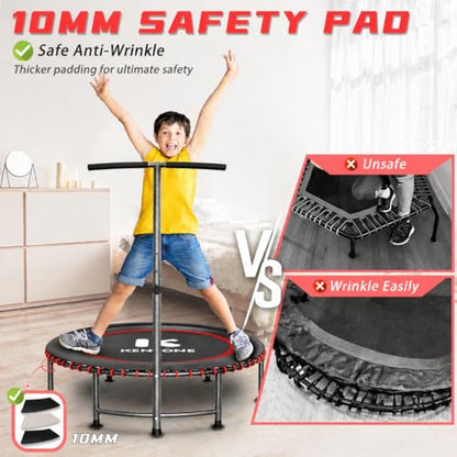 40/48" Low-Impact Rebounder Trampoline for Adults with Bungee, 450/550LBS Quiet Mini Exercise Trampoline with Adjustable U/T-Shaped Foam Handle Bar, Fitness Equipment for Indoor/Gym Workout