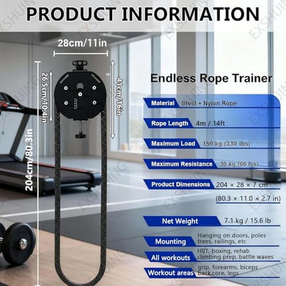 Portable Pulley System For Full Body Workout, Endless Rope Trainer,Adjustable Resistance: 3–30 Kg (6.6–66 Lb), 4m/14ft Rope, Silent Operation, No Assembly Needed No Weight Limit - color: Black+Red