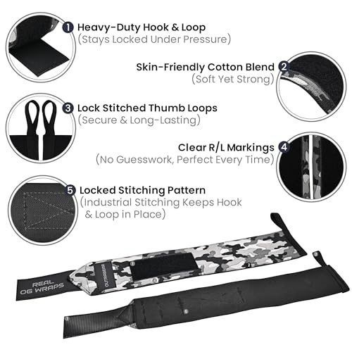 18" OG-Grade Wrist Wraps for Weightlifting – Heavy Duty Wrist Support with Thumb Loop & Lockdown Strap – Wrist Straps for Powerlifting, Bench Press & Gym Training - color: Camo grey