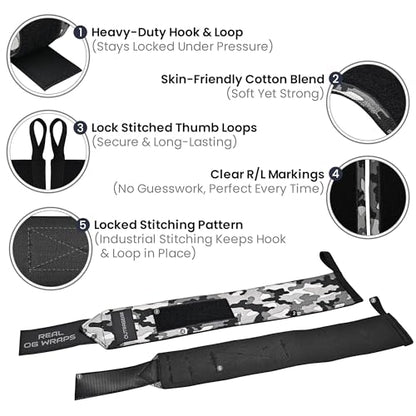 18" OG-Grade Wrist Wraps for Weightlifting – Heavy Duty Wrist Support with Thumb Loop & Lockdown Strap – Wrist Straps for Powerlifting, Bench Press & Gym Training - color: Camo grey