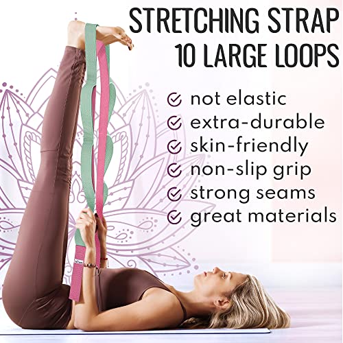 Stretching Strap with 10 Loops – Non-Elastic Yoga Strap for Physical Therapy – Stretch Band for Hamstring, Leg, Hip & Knee Rehab – Pilates, Flexibility & Mobility Exercise for Men & Women