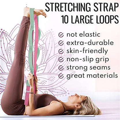 Stretching Strap with 10 Loops – Non-Elastic Yoga Strap for Physical Therapy – Stretch Band for Hamstring, Leg, Hip & Knee Rehab – Pilates, Flexibility & Mobility Exercise for Men & Women
