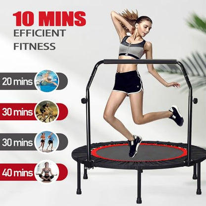 40'' Fitness Trampoline with 4 Levels Height Adjustable Foam Handle, Foldable Mini Rebounder for Adults Home Indoor Workout, 6-Leg Exercise Trampoline, Max Load 330lbs