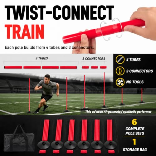 6 Pcs 5 FT Adjustable Agility Training Poles for Soccer,Basketball,Football, Horse,Dog-Speed and Agility Training Equipment Sports Training Poles with Rubber Bases and Bag - color: red