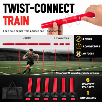 6 Pcs 5 FT Adjustable Agility Training Poles for Soccer,Basketball,Football, Horse,Dog-Speed and Agility Training Equipment Sports Training Poles with Rubber Bases and Bag - color: red