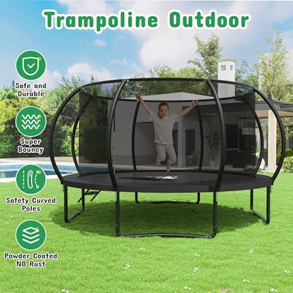 8FT 10FT 12FT 14FT 16FT Outdoor Trampoline with Safety Enclosure Net - color: Black, size: 14 FT
