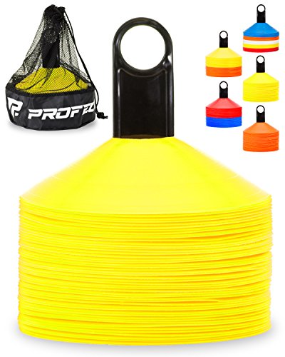 Pro Disc Cones (Set of 50) - Agility Soccer Cones with Carry Bag and Holder for Sports Training, Football, Basketball, Coaching, Practice Equipment, Kids - Includes 15 Best Cone Drills Book