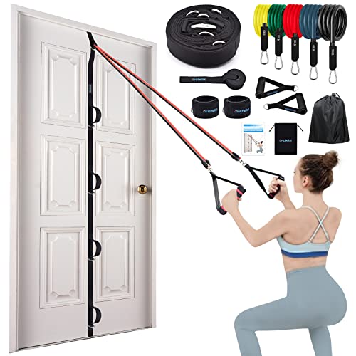 Brebebe Door Anchor Strap for Resistance Bands Exercises, Multi Point Anchor Gym Attachment for Home Fitness, Portable Door Band Resistance Workout Equipment, Easy to Install, Punch-Free, Nail-Free - style: 14 pc set (Anchor + 150 LBS Bands Set)